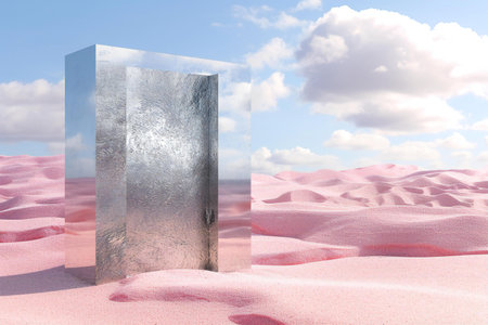 Metallic box in the desert against blue sky with cloudsの素材