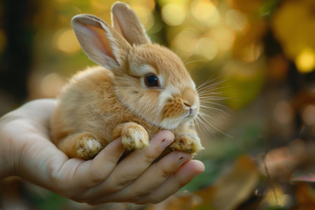 Cute little rabbit in the hands of a child on a background of autumn leavesの素材