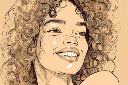 Sketch of beautiful woman face with curly hair.の素材