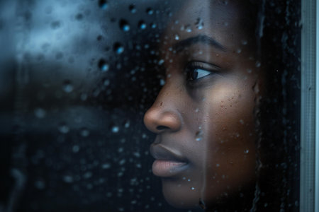 Beautiful african american woman looking through wet window in rainy dayの素材