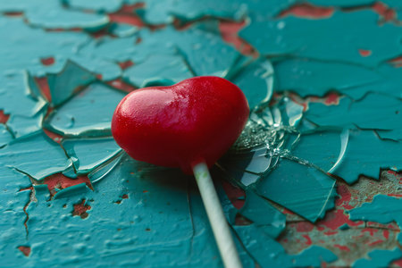 Heart-shaped lollipop on a blue background with cracked paintの素材