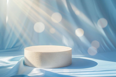 White podium on blue satin background with bokeh.の素材