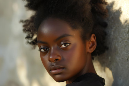 Close up portrait of a beautiful african american woman with afro hairstyleの素材