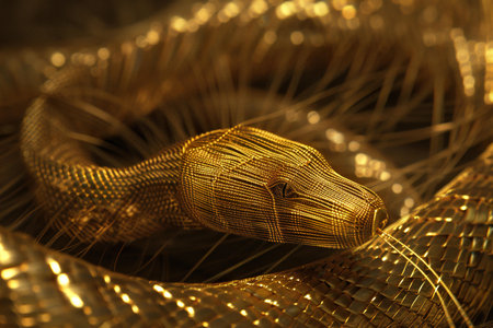 Golden snake on golden background, close up. Luxury fashion conceptの素材