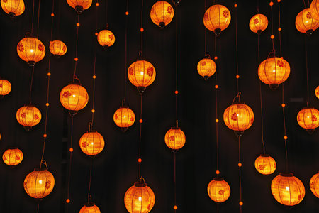 Hanging Chinese paper lanterns in the dark, traditional Chinese styleの素材