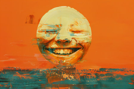 Smiling face on orange background. Grunge style. Digital painting.の素材