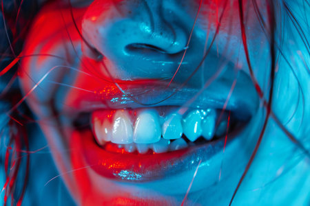 Close-up portrait of a beautiful young girl with blue and red lips. Facial expression, beauty, cosmetics.の素材