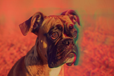 Boxer dog portrait on a red background. Close-up.の素材