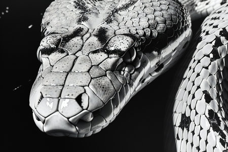 Close-up of a black and white python snake on black backgroundの素材