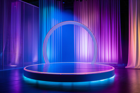 Podium, pedestal or platform illuminated by neon lights.の素材