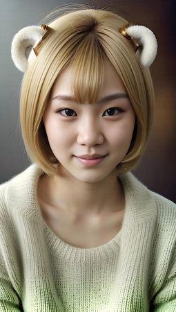 Portrait of asian woman in green sweater, close-upの素材