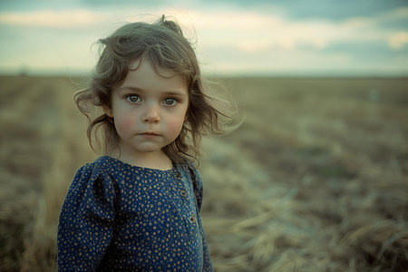 Portrait of a little girl on a wheat field at sunset.の素材