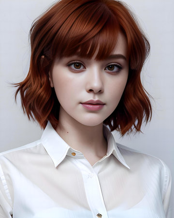 Portrait of a beautiful young woman with red hair and white shirtの素材