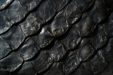 Black crocodile leather texture background. Close up of snake skin.の素材