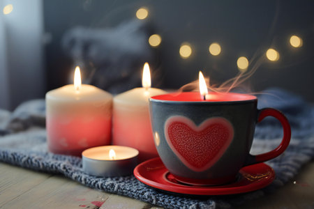 Cup of coffee with heart shape and candles on table in roomの素材