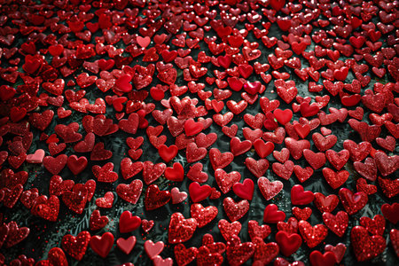 Valentine's day background with red hearts on dark background.の素材