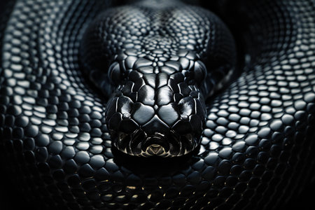 Close up of a black snake head on a black background. Toned.の素材