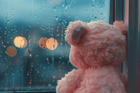 Teddy bear on the background of a window with raindrops.の素材