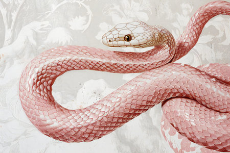 Close-up of a pink snake on the background of a white wallの素材