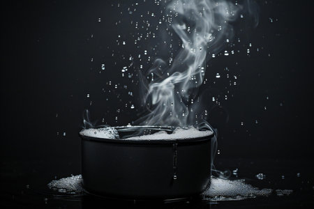 Smoke coming out of a black casserole on black backgroundの素材