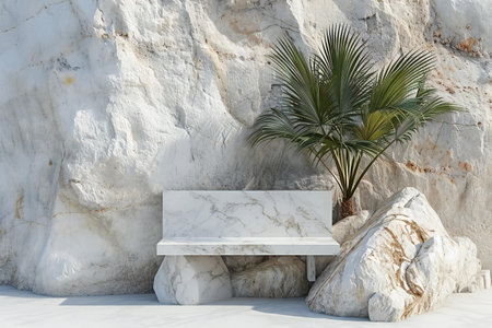 White marble bench with palm tree on the background of white stone wallの素材