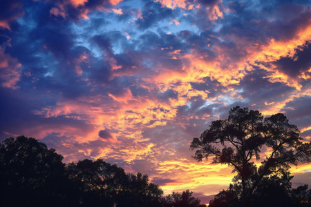 Sunset sky with clouds and silhouettes of trees in the foregroundの素材