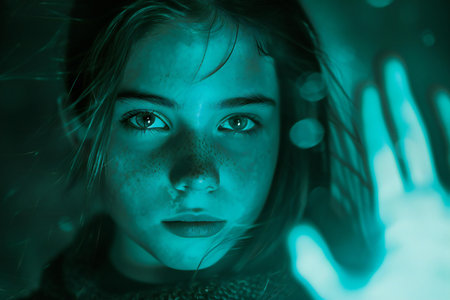 Portrait of a beautiful girl with long hair in a green light.の素材