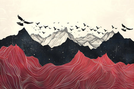 Mountains and birds. Hand drawn illustrationの素材