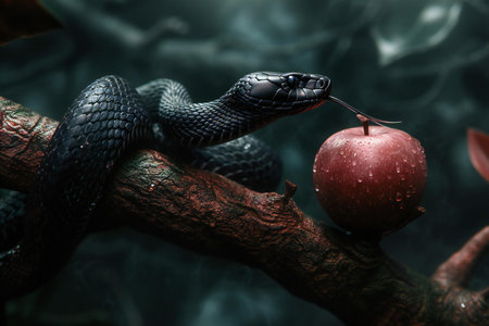 Black snake on a branch with an apple in the dark forest.の素材