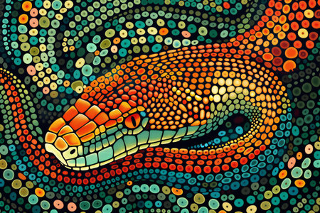 Illustration of a snake in the form of a circle on a colorful backgroundの素材