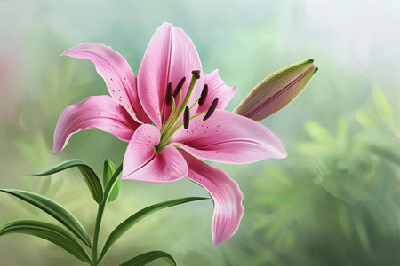 Pink lily flowers on green bokeh background.の素材