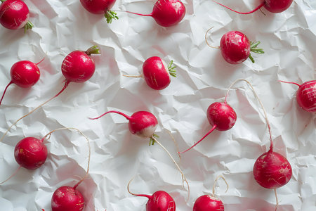 Red radishes on crumpled paper background. Top view.の素材