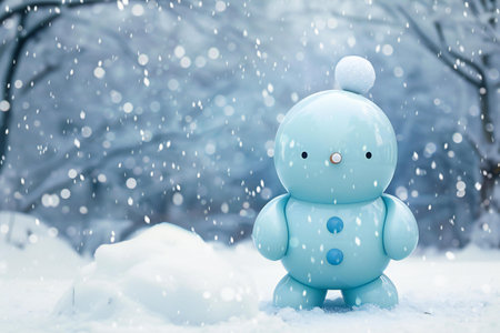 Blue toy snowman in the winter forest. Christmas and New Year concept.の素材