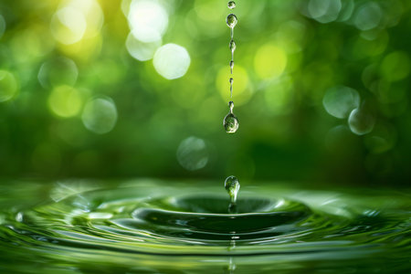 Water drop on green background. Splash effect after collision a falling drops with water Surfaceの素材