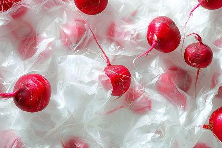 Red radish in a plastic bag on a white background close upの素材