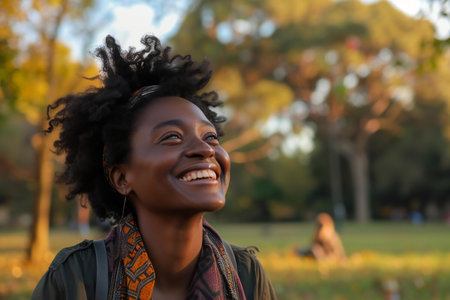 Young african american woman with afro hairstyle smiling in the park.の素材