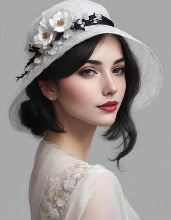 Portrait of beautiful young woman in white hat with flowers on gray backgroundの素材