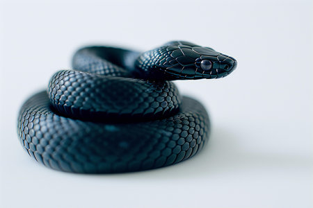 Close-up of a black snake on a white background. Studio shot.の素材