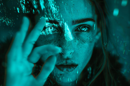 Close-up portrait of a beautiful girl in a neon light.の素材