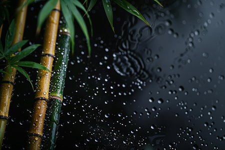 Bamboo with water drops on black background. Close-up.の素材