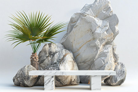White marble bench with palm tree on white background.の素材