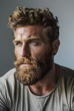 Portrait of a handsome man with long hair and beard. Men's beauty, fashion.の素材