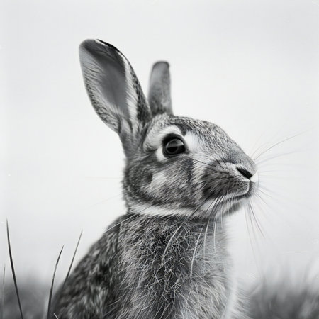 Rabbit on the meadow. Black and white photo. Retro style.の素材