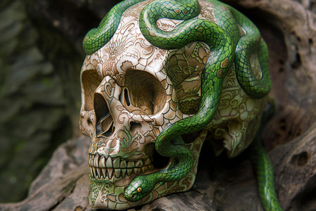 Skull with green snake on the background of nature. Halloween.の素材