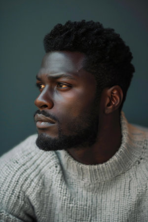 Portrait of a handsome african american man looking away against grey backgroundの素材