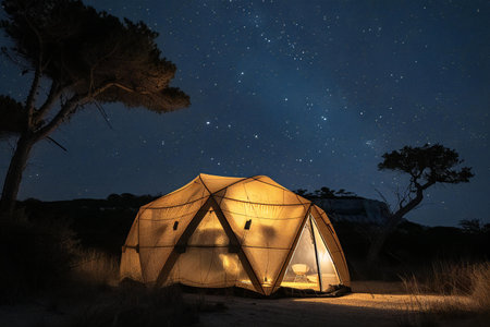 Camping tent in the desert at night with starry sky.の素材