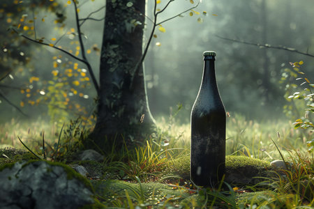 Wine bottle in a foggy forest. Conceptual image.の素材