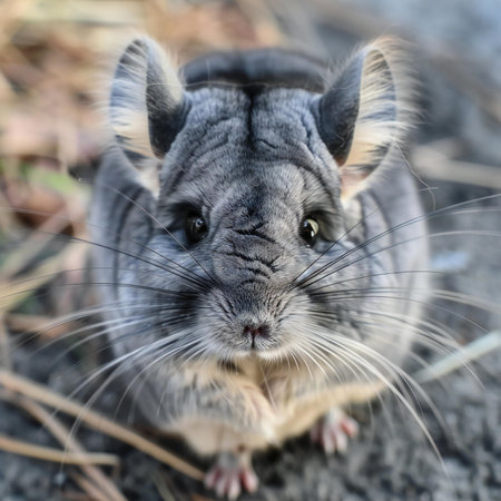 Gray chinchilla close-up portrait on a background of dry grassの素材