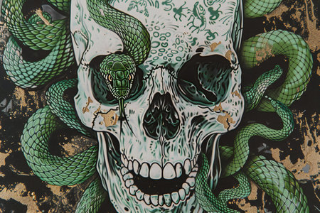 Skull of a snake with a snake tattoo on a grunge backgroundの素材