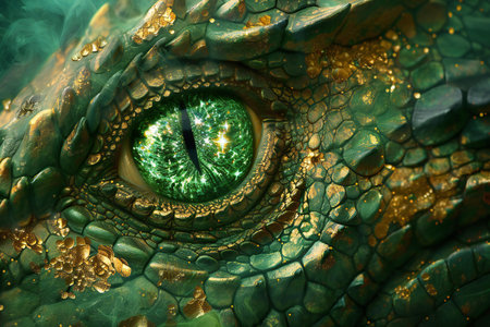 Green eye of crocodile close-up. Abstract green background.の素材